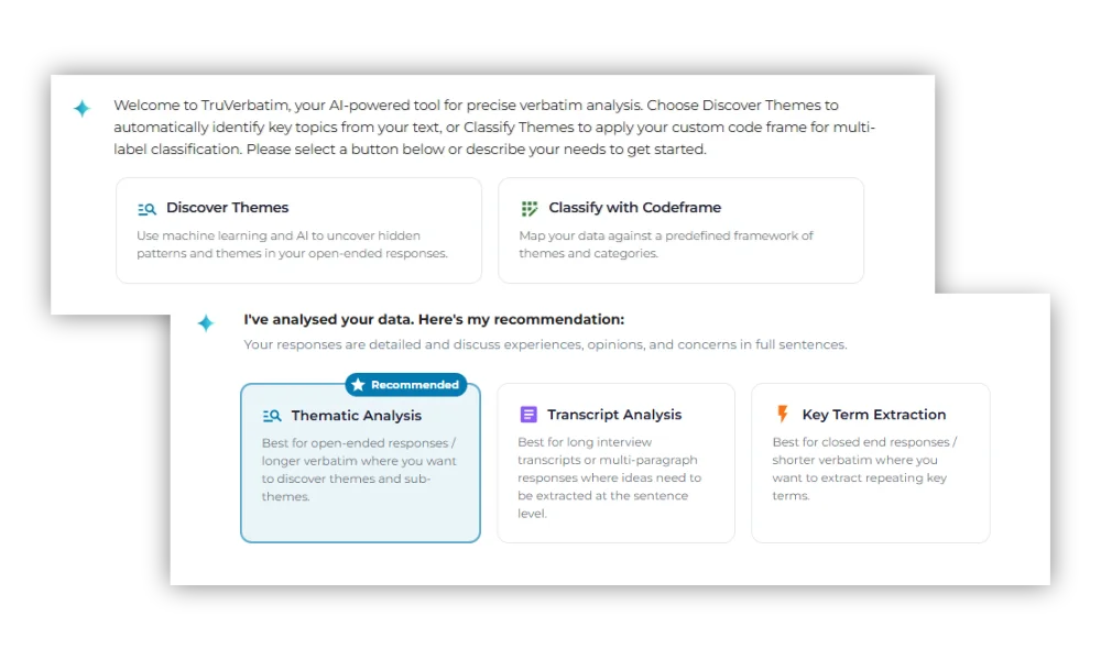 Data analysis tools for reporting where you can discover themes, classify with codeframe, and conduct data analysis. 