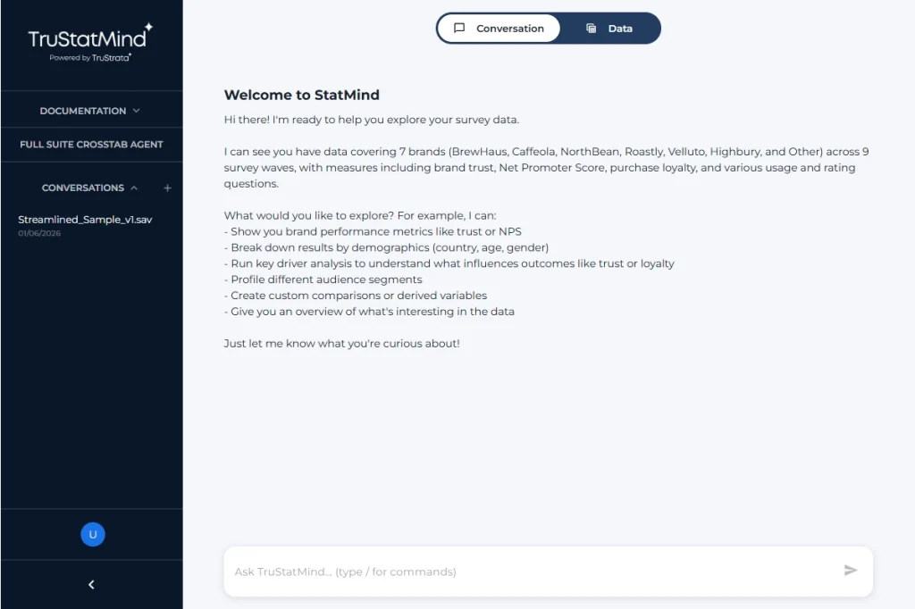 TruStatMind dashboard displaying the market research analysis software and it's features for data.